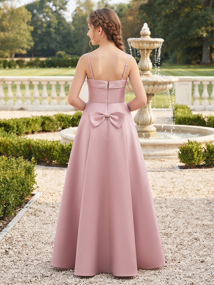 A-Line/Princess  Spaghetti Straps  Sleeveless  Silk Satin  Floor-Length  Junior Bridesmaid Dresses  with Bowknot