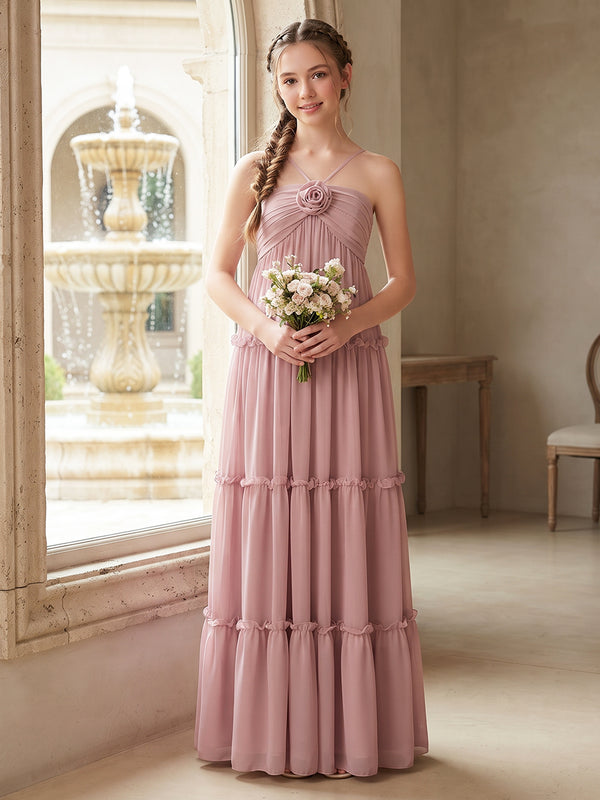 A-Line/Princess  Halter  Sleeveless  Chiffon  Floor-Length  Junior Bridesmaid Dresses  with Sequins & Watteau Train