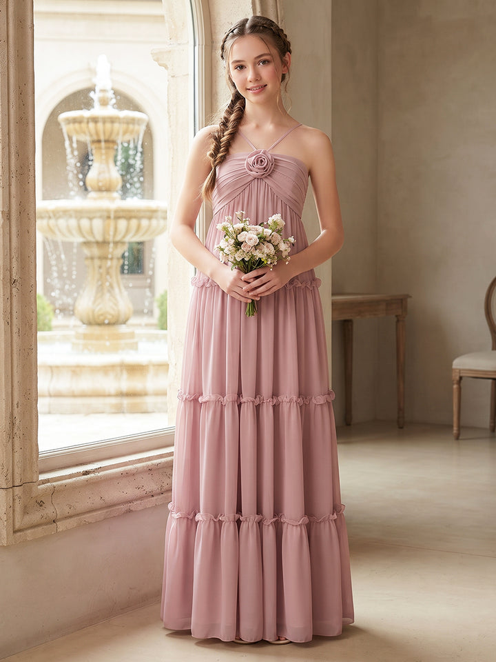 A-Line/Princess  Halter  Sleeveless  Chiffon  Floor-Length  Junior Bridesmaid Dresses  with Sequins &amp; Watteau Train