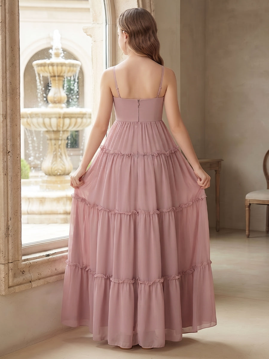 A-Line/Princess  Halter  Sleeveless  Chiffon  Floor-Length  Junior Bridesmaid Dresses  with Sequins &amp; Watteau Train