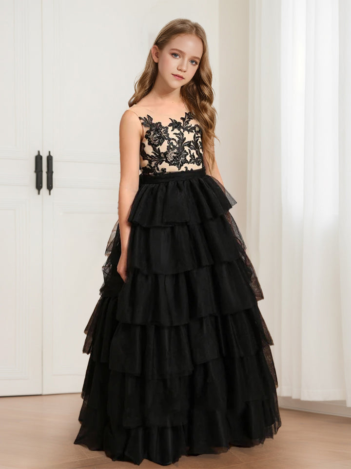 A-Line/Princess Scoop Floor-Length Tiered Tulle Flower Girl Dresses
