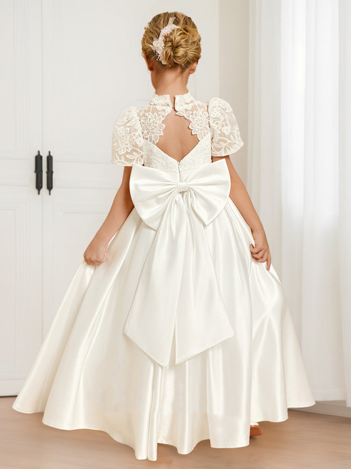 A-Line/Princess High Neck Short Sleeves Satin Flower Girl Dresses with Bow