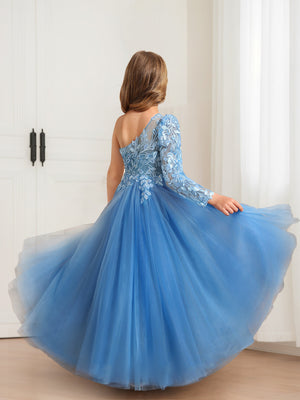 A-Line/Princess One-Shoulder Long Sleeve Tulle Flower Girl Dresses with Appliques