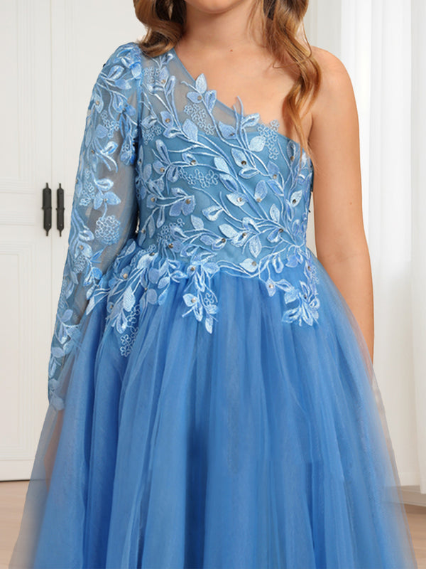 A-Line/Princess One-Shoulder Long Sleeve Tulle Flower Girl Dresses with Appliques
