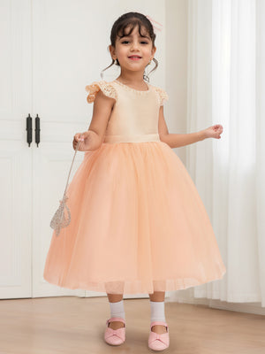 A-Line/Princess Scoop Tea-Length Tulle Flower Girl Dresses with Pearls