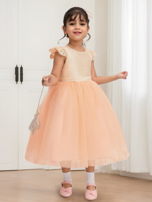 A-Line/Princess Scoop Tea-Length Tulle Flower Girl Dresses with Pearls