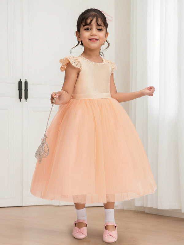 A-Line/Princess Scoop Tea-Length Tulle Flower Girl Dresses with Pearls