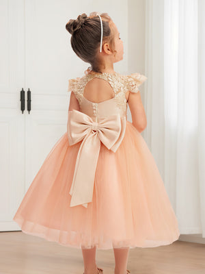 A-Line/Princess Scoop Tea-Length Tulle Flower Girl Dresses with Pearls