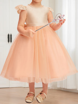A-Line/Princess Scoop Tea-Length Tulle Flower Girl Dresses with Pearls
