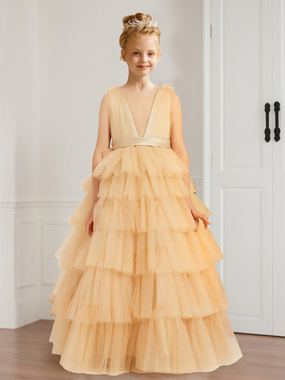 A-Line/Princess V-Neck Sleeveless Tulle Flower Girl Dresses with Ruffles