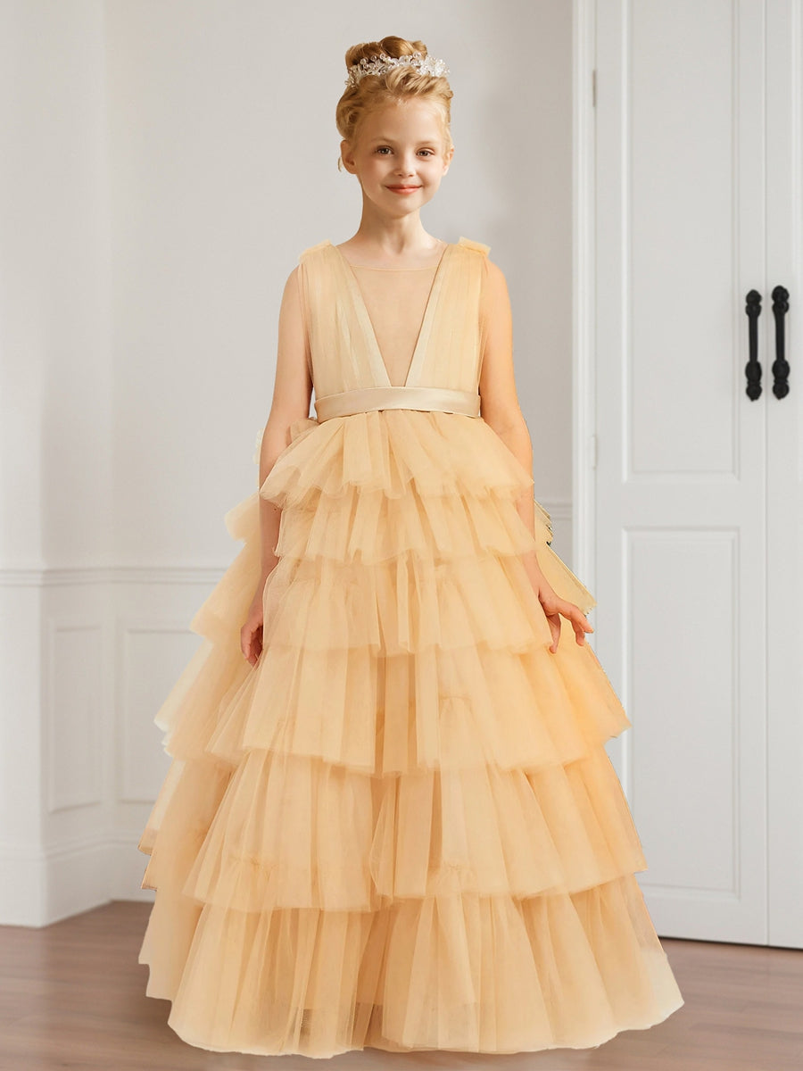 A-Line/Princess V-Neck Sleeveless Tulle Flower Girl Dresses with Ruffles