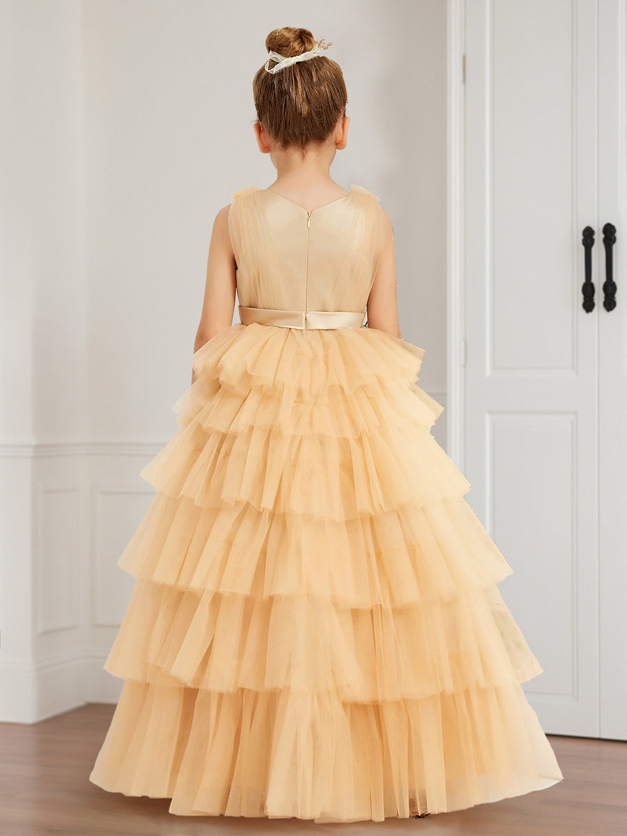 A-Line/Princess V-Neck Sleeveless Tulle Flower Girl Dresses with Ruffles
