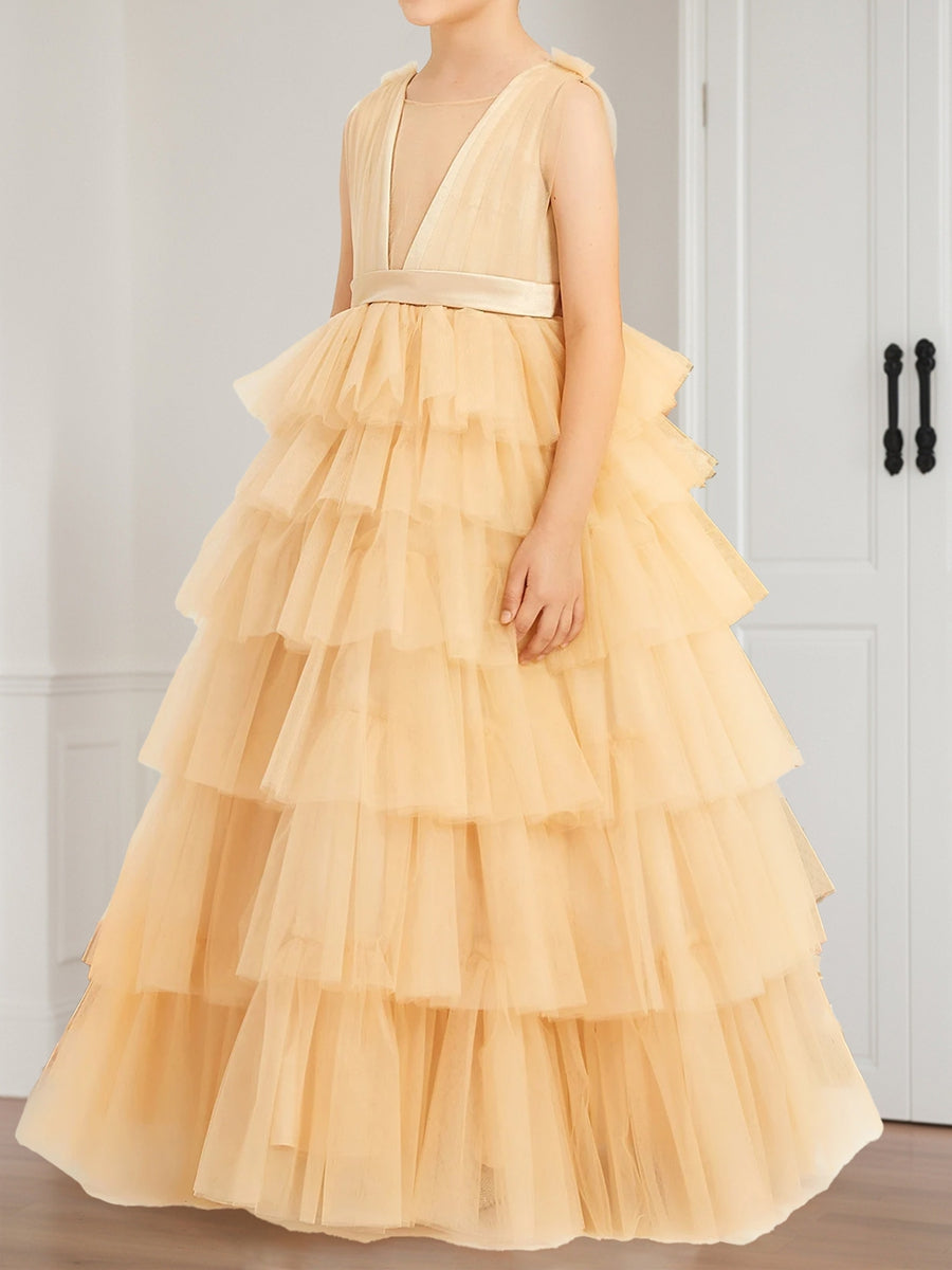 A-Line/Princess V-Neck Sleeveless Tulle Flower Girl Dresses with Ruffles