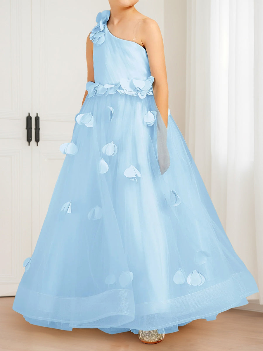 A-Line/Princess One-Shoulder Floral Tulle Flower Girl Dresses