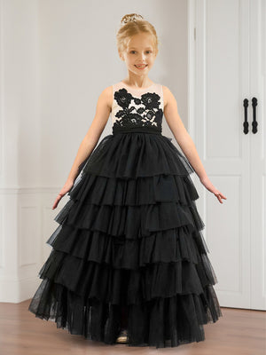A-Line/Princess Scoop Neck Tiered Tulle Flower Girl Dresses with Appliques