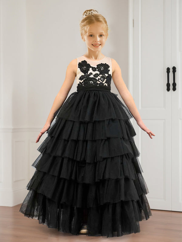 A-Line/Princess Scoop Neck Tiered Tulle Flower Girl Dresses with Appliques