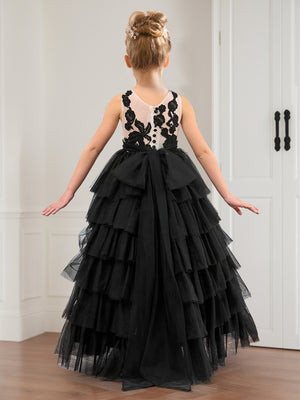 A-Line/Princess Scoop Neck Tiered Tulle Flower Girl Dresses with Appliques