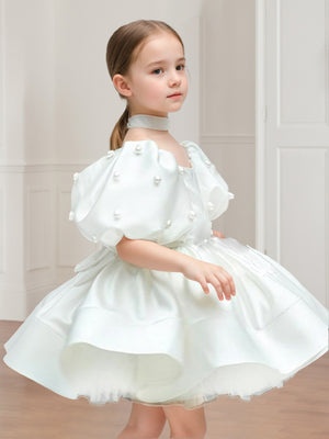 A-Line/Princess Scoop Neck Puff Sleeves Short Flower Girl Dresses with Pearls
