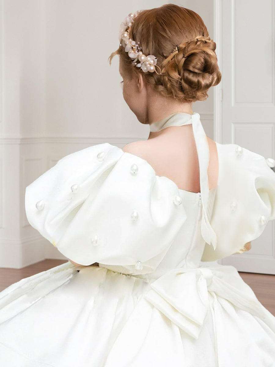 A-Line/Princess Scoop Neck Puff Sleeves Short Flower Girl Dresses with Pearls