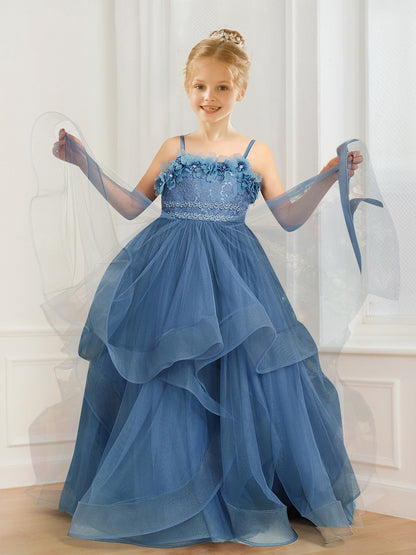 A-Line/Princess Spaghetti Straps Lace Ruffle Flower Girl Dresses with 3D Flowers