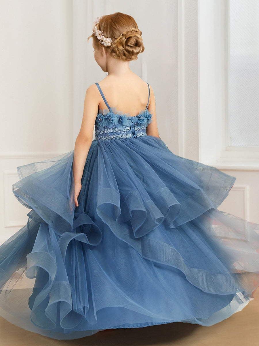 A-Line/Princess Spaghetti Straps Lace Ruffle Flower Girl Dresses with 3D Flowers