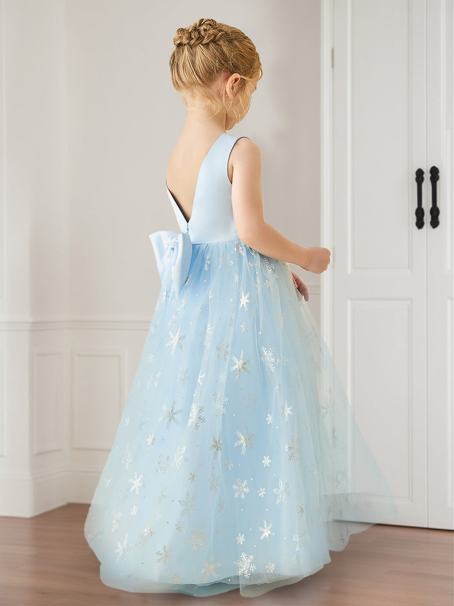 A-Line/Princess Scoop Neck Printed Floral Flower Girl Dresses with Bow