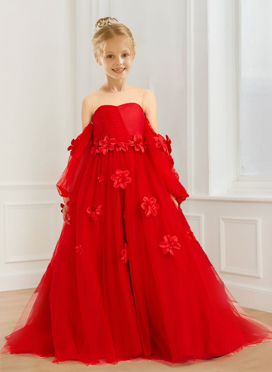 A-Line/Princess Illusion Scoop Neck Puff Sleeves Tulle Flower Girl Dresses with 3D Flowers