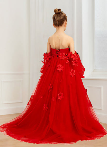 A-Line/Princess Illusion Scoop Neck Puff Sleeves Tulle Flower Girl Dresses with 3D Flowers