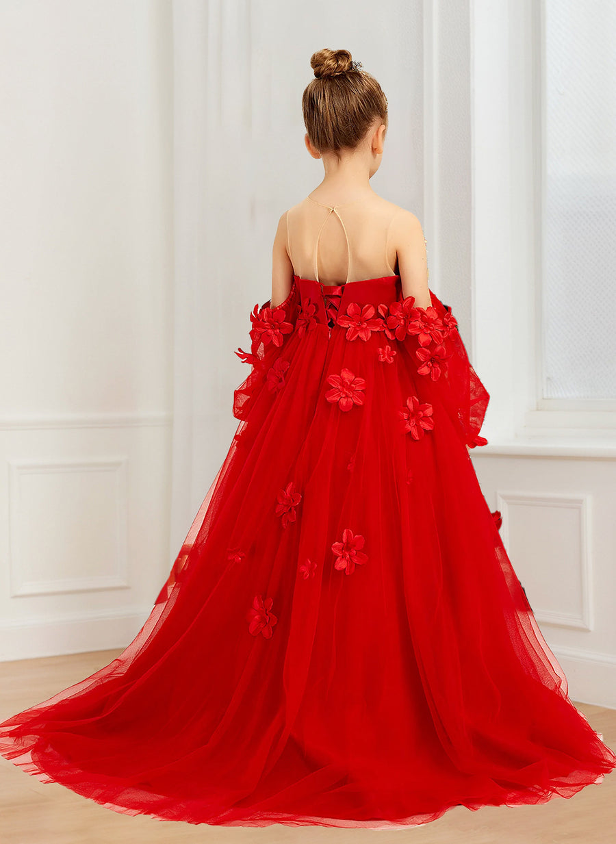 A-Line/Princess Illusion Scoop Neck Puff Sleeves Tulle Flower Girl Dresses with 3D Flowers