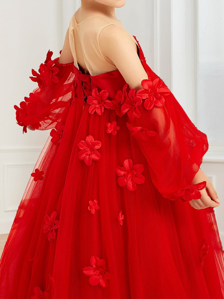 A-Line/Princess Illusion Scoop Neck Puff Sleeves Tulle Flower Girl Dresses with 3D Flowers