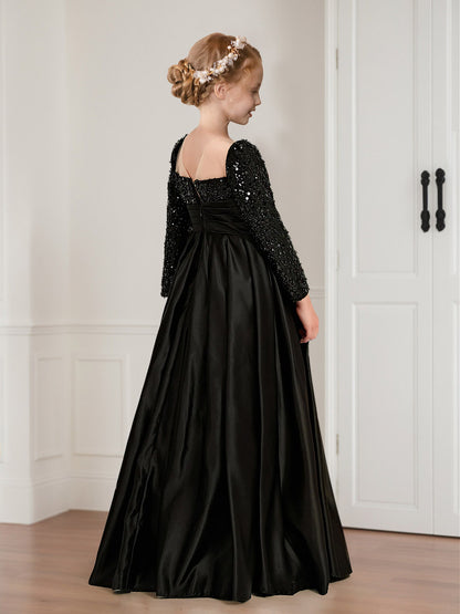 A-Line/Princess Square Neck Long Sleeves Flower Girl Dresses with Sequins