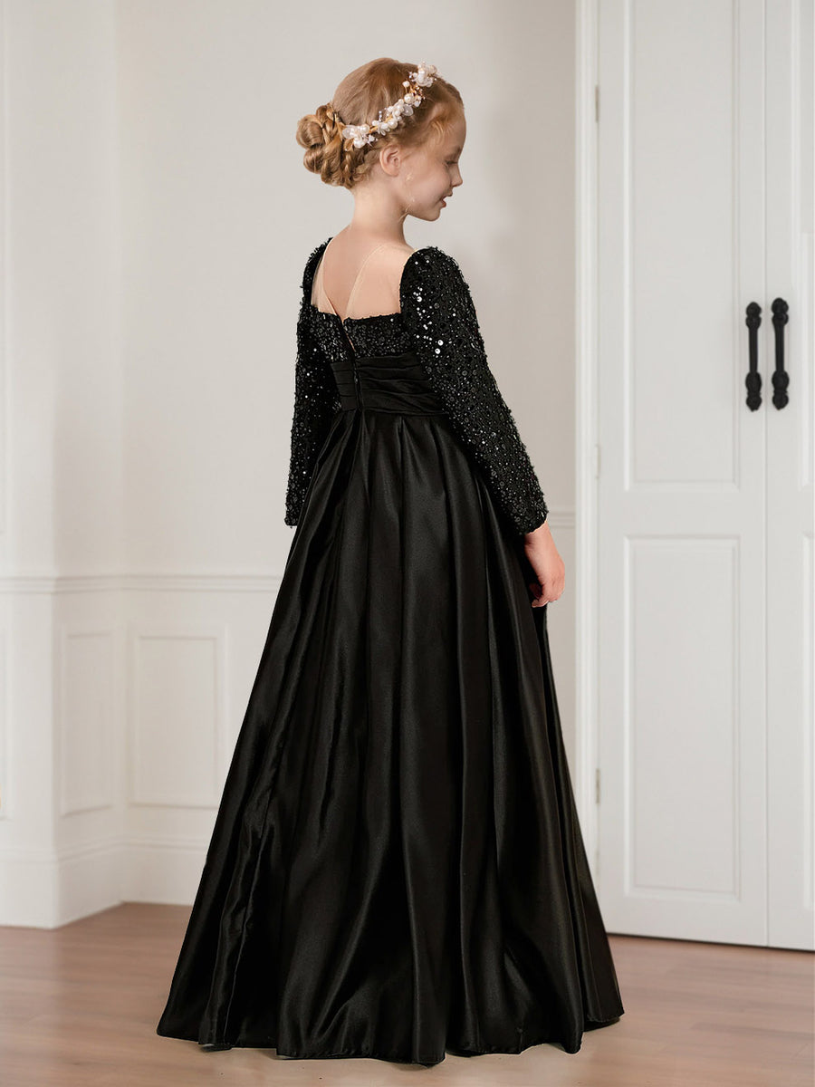 A-Line/Princess Square Neck Long Sleeves Flower Girl Dresses with Sequins
