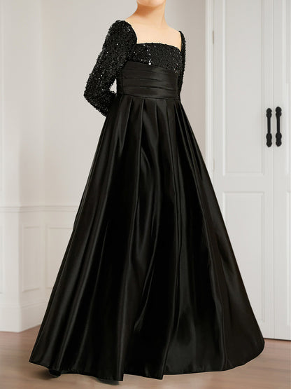 A-Line/Princess Square Neck Long Sleeves Flower Girl Dresses with Sequins
