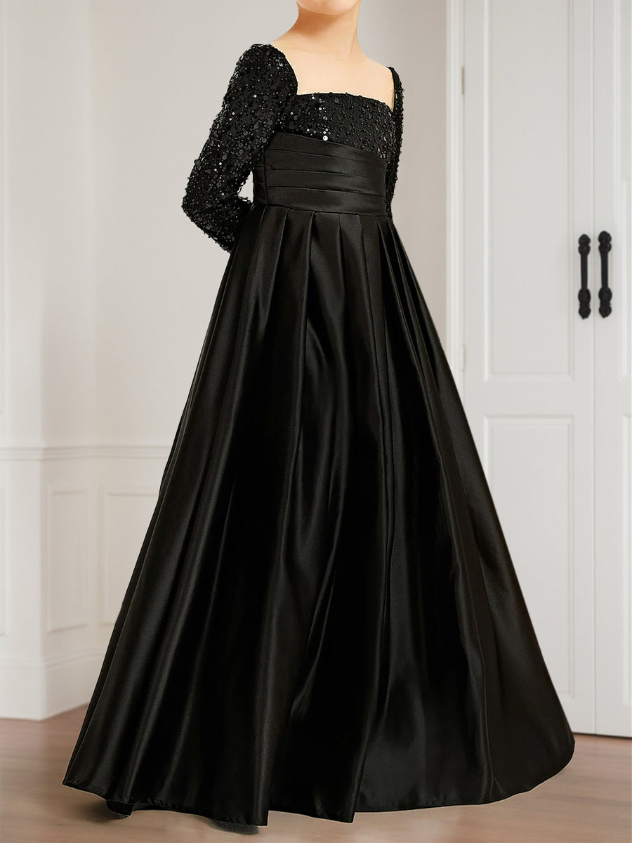 A-Line/Princess Square Neck Long Sleeves Flower Girl Dresses with Sequins