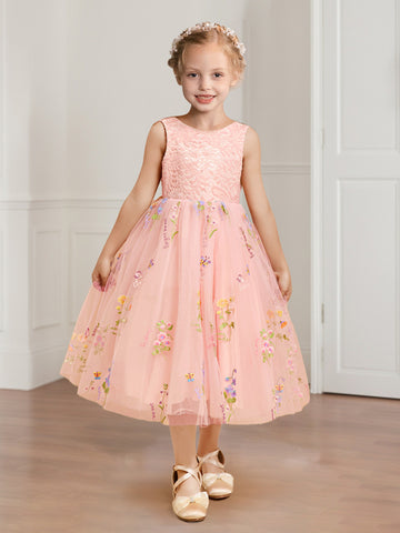 A-Line/Princess Scoop Neck Lace Tulle Flower Girl Dresses with Floral Embroidery