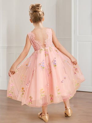 A-Line/Princess Scoop Neck Lace Tulle Flower Girl Dresses with Floral Embroidery