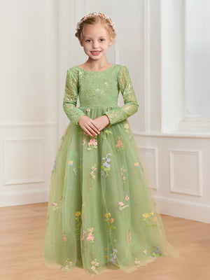 A-Line/Princess Scoop Neck Long Sleeves Tulle Flower Girl Dresses with Floral Embroidery