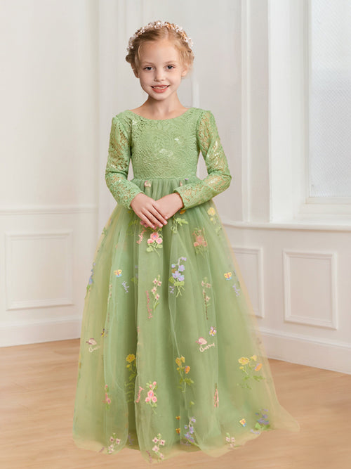 A-Line/Princess Scoop Neck Long Sleeves Tulle Flower Girl Dresses with Floral Embroidery