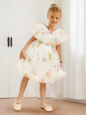 A-Line/Princess V-Neck Flutter Sleeves Tulle Flower Girl Dresses with Floral Embroidery