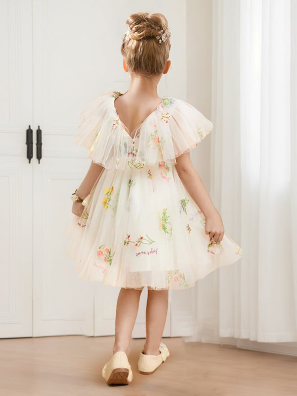 A-Line/Princess V-Neck Flutter Sleeves Tulle Flower Girl Dresses with Floral Embroidery
