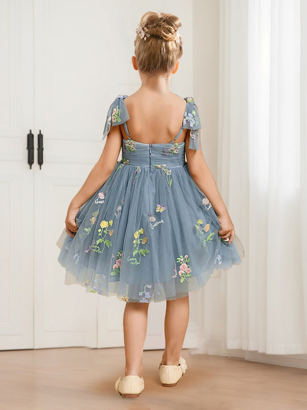 A-Line/Princess V-Neck Tie Shoulder Tulle Flower Girl Dresses with Floral Embroidery