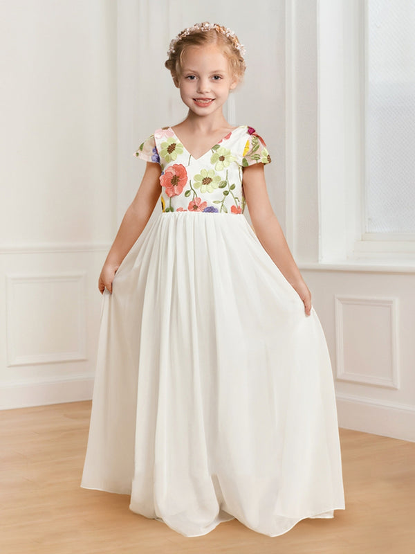 A-Line/Princess V-Neck Floor-Length Chiffon Flower Girl Dresses with Floral Appliques