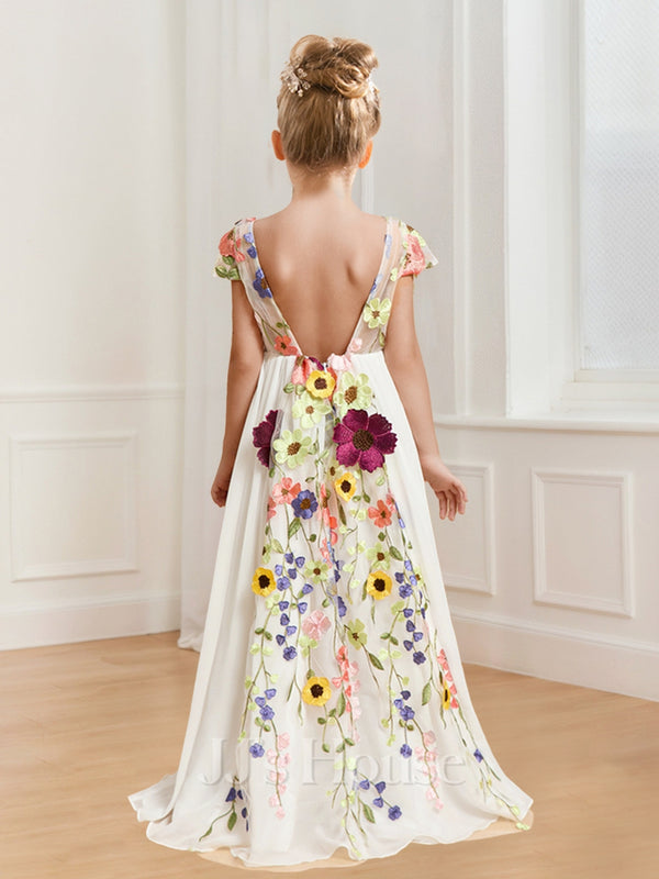 A-Line/Princess V-Neck Floor-Length Chiffon Flower Girl Dresses with Floral Appliques