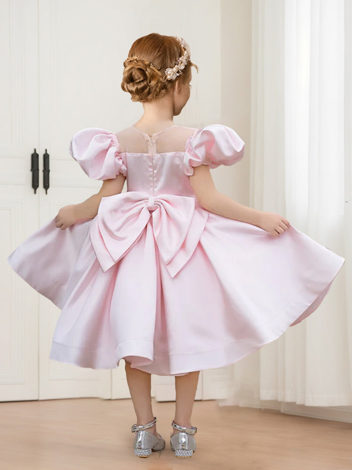 A-Line/Princess Crew Neck Puff Sleeves Knee-Length Satin Flower Girl Dresses