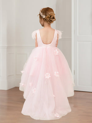 A-Line/Princess Scoop Sleeveless High-Low Tulle Flower Girl Dresses with Beading and Feather