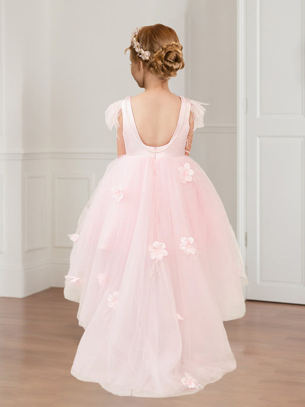 A-Line/Princess Scoop Sleeveless High-Low Tulle Flower Girl Dresses with Beading and Feather