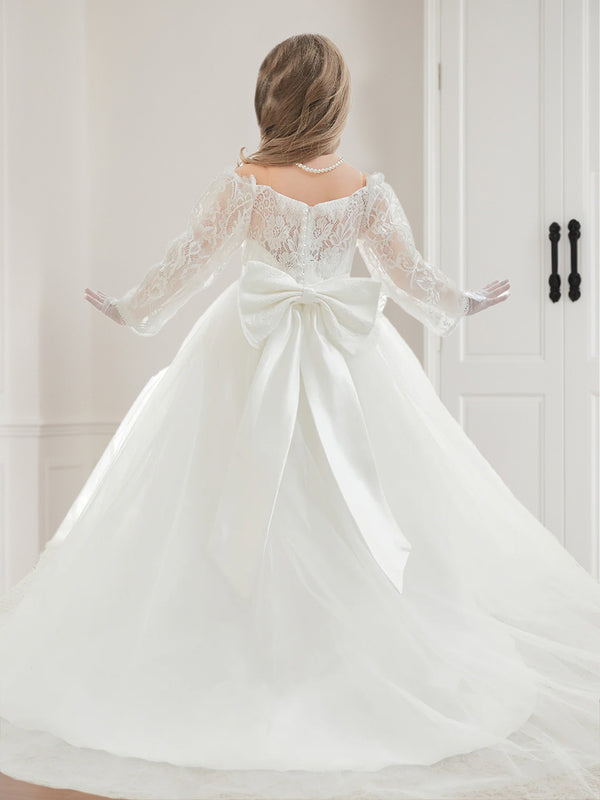 Ball-Gown/Princess Off-the-Shoulder Lace Tulle Girl Party Dresses with Long Sleeves