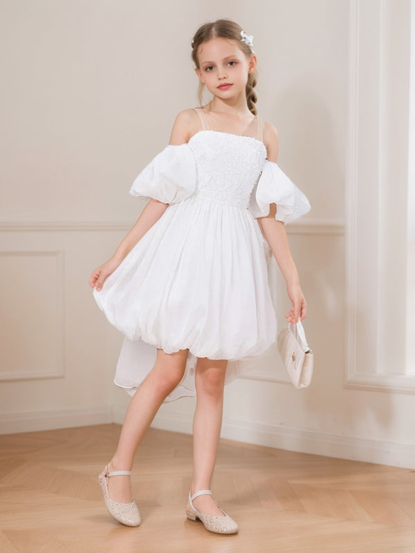 Ball-Gown/Princess Straps Puff Sleeves Knee-Length Flower Girl Dresses with Appliques