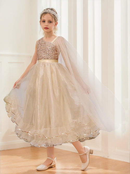 Ball-Gown/Princess Asymmetrical One-Shoulder Sleeveless Sequin Girl Party Dresses with Cape