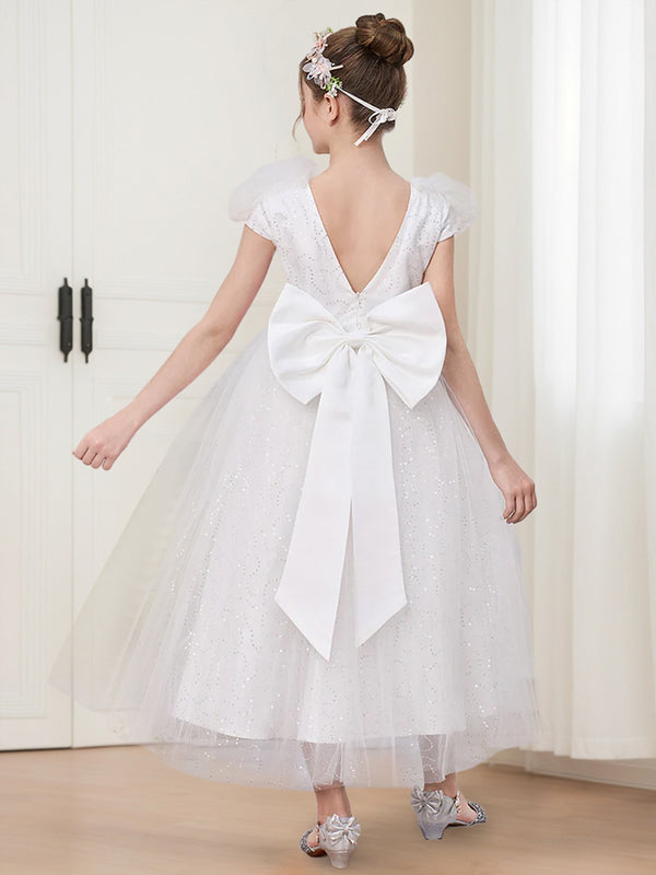 Ball-Gown/Princess V-Neck Cap Sleeves Sequined Flower Girl Dresses with Bow